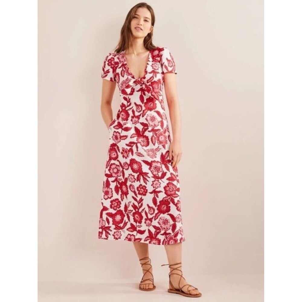 Boden Tie Front Linen Midi Dress Sz 12 red Pink Floral Pop Peony Pansy Bloom NWT